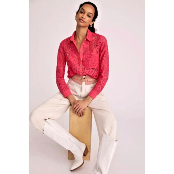 Anthropologie Tops - Maeve Anthropologie Pink Open Lace Blouse Size 4 NWT Floral Fuchsia Button-up